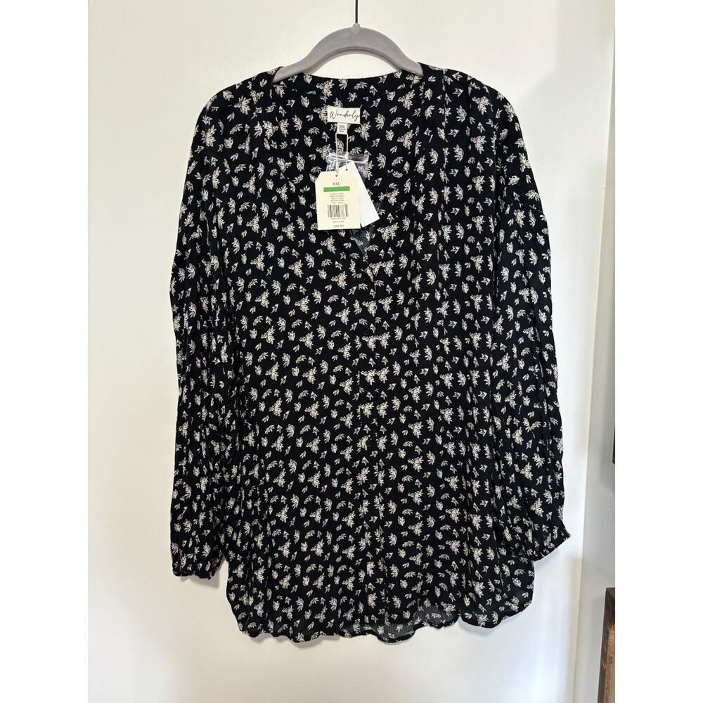 Wonderly XXL Black Floral Button Front Blouse NWT Flowy Boho‎ Tunic Top